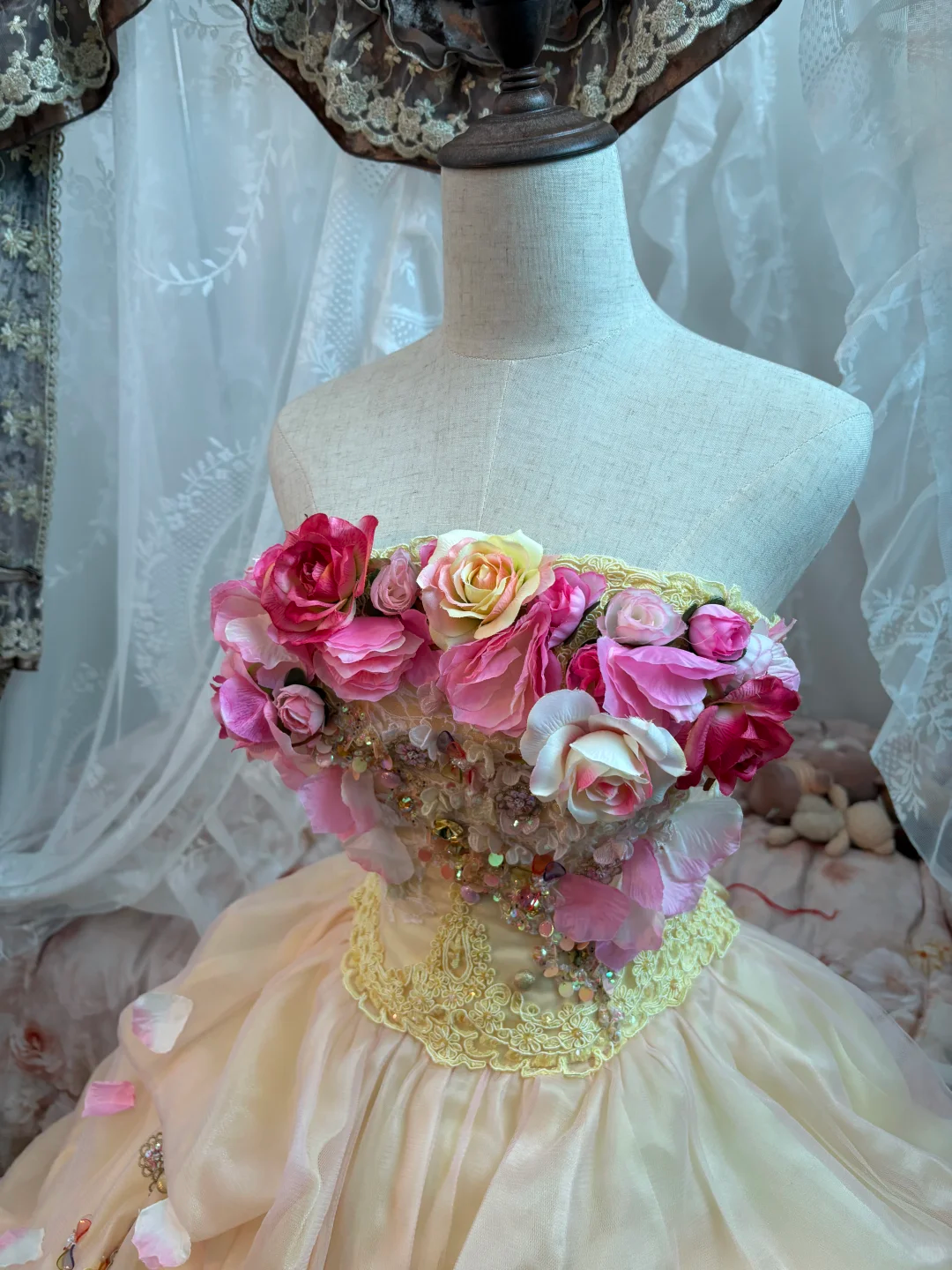 Princess Yellow Ball Gown 3D Floral Tulle Lace Long Prom Dress 16th Birthday Dress DP5388
