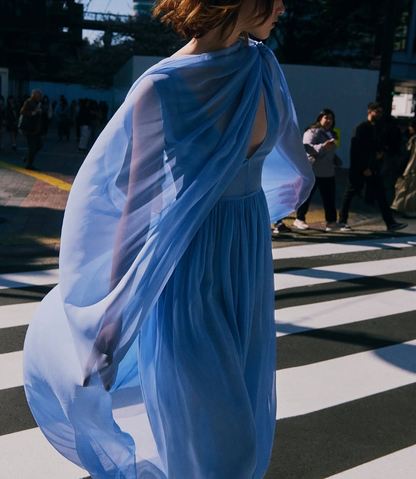 Blue A Line Deep V Neck Chiffon Evening Dress Cocktail Dress with Cape DP3123