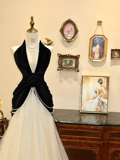 Classic White-Black A Line V Neck Velvet Tulle Prom Dress Wedding Guest Dress DP3920