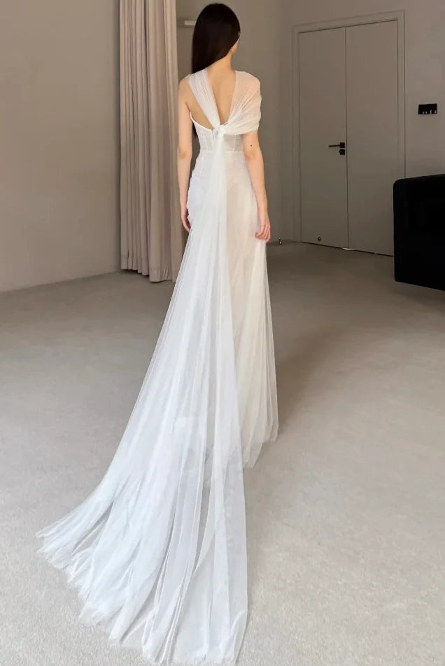 Sweetheart Sleeveless Tulle Pleated Sheer High Slit Mermaid Prom Dress with Train DP7623