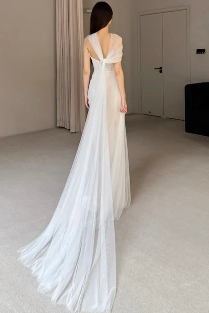 Sweetheart Sleeveless Tulle Pleated Sheer High Slit Mermaid Prom Dress with Train DP7623
