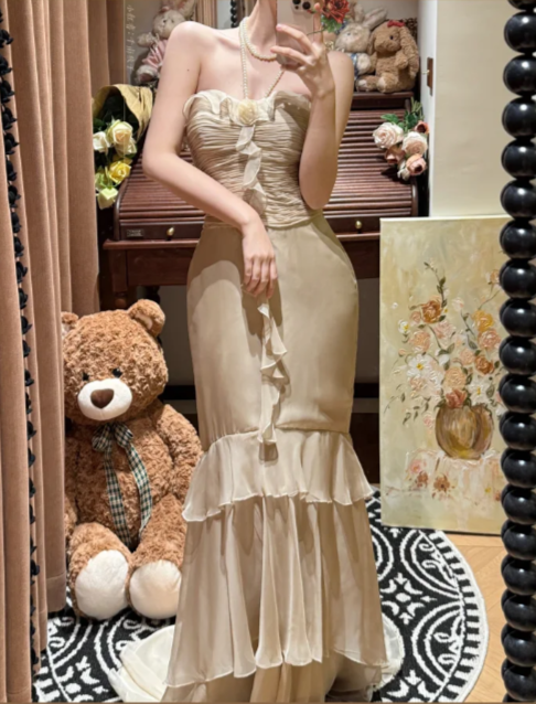 Apricot Mermaid Halter Layered Chiffon Prom Dress Party Evening Dress DP5327