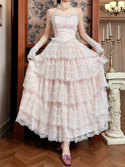 Vintage Princess Light Pink A Line Layered Lace Long Prom Dress Evening Dress DP5613