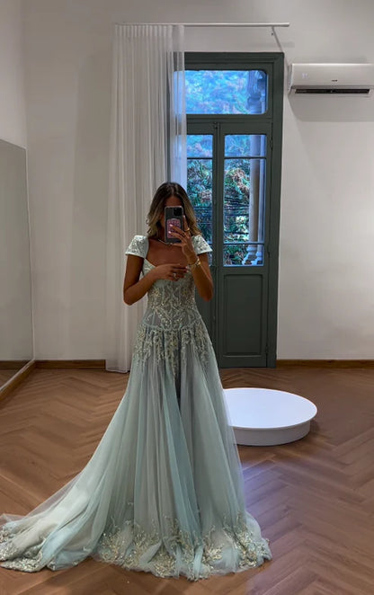 Baby Blue A Line Exquisite Beaded Tulle Prom Dress Wedding Guest Dress DP5741