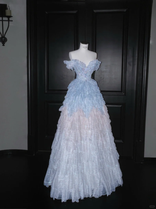 Gorgeous A Line Off the Shoulder Layered Beaded Blue Tulle Prom Dress Evening Dress DP2657