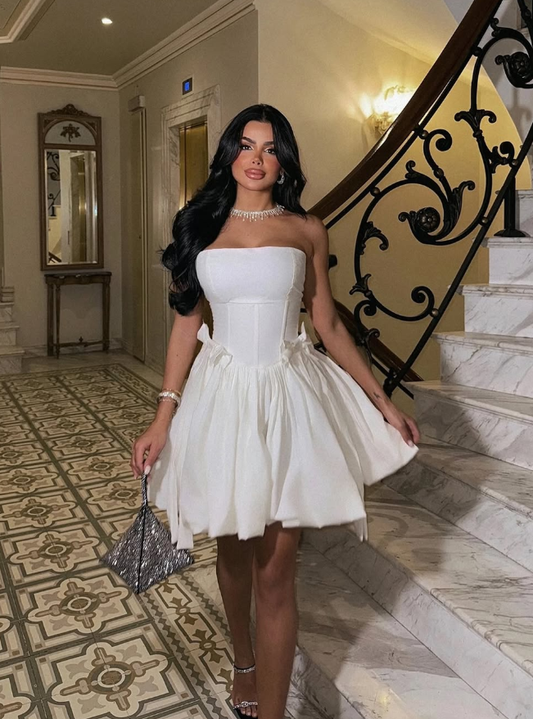 Cute White A Line Strapless Simple Satin Short Prom Dress Homecoming Dress DP5695