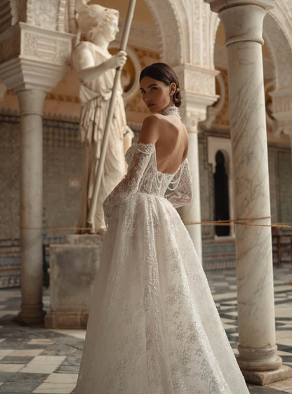Classic Ball Gown Long Sleeve Pearl Lace Wedding Dress Prom Dress DP3824