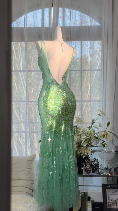 Green Fairy Mermaid V Neck Shiny Sequin Beaded Tulle Backless Graduation Prom Dress DP4942
