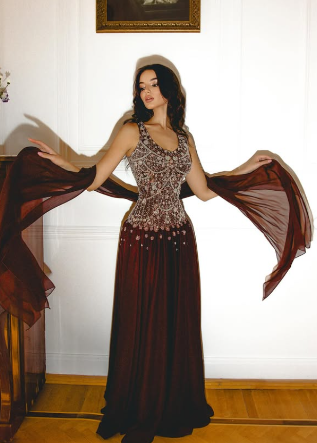 Dark Burgundy A Line Straps Exquisite Beaded Chiffon Long Prom Dress Evening Dress DP6054