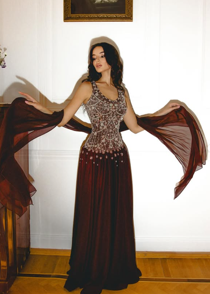 Dark Burgundy A Line Straps Exquisite Beaded Chiffon Long Prom Dress Evening Dress DP6054