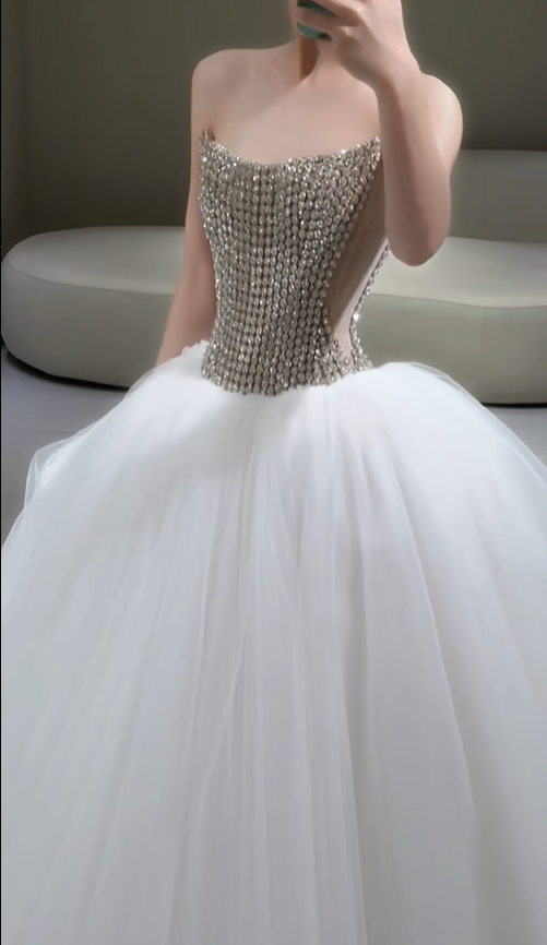 Shiny A Line Strapless Rhinestone White Tulle Long Wedding Dress DP4808