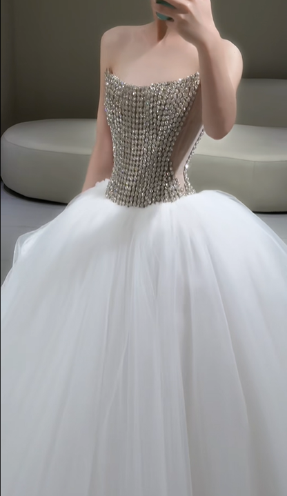 Shiny A Line Strapless Rhinestone White Tulle Long Wedding Dress DP4808