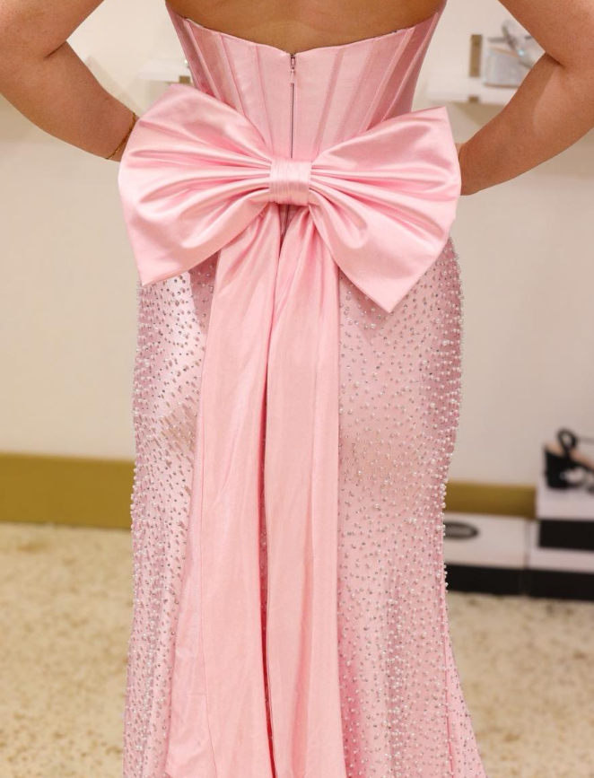 Charming Pink Mermaid Sweetheart Neck Beaded Satin Slit Prom Dress Party Evening Dress DP6305