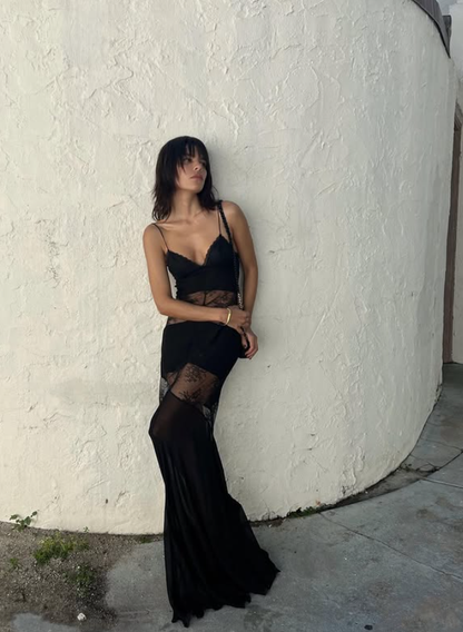 Sexy Mermaid Spaghetti Strap Black Satin Lace Long Prom Dress Evening Dress DP3828