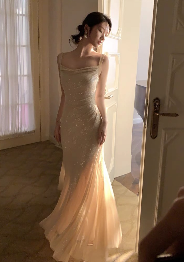 Glorious Mermaid Straps Apricot Sequin Chiffon Prom Dress Evening Dress DP5268