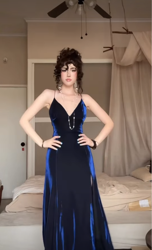 Navy Blue Mermaid Spaghetti Strap Velvet Prom Dress with Slit DP4363