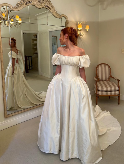 White Simple Elegant A Line Off the Shoulder Satin Long Wedding Dress DP4901