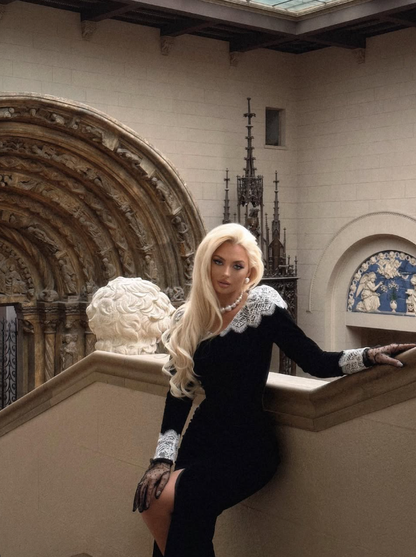 Classic Sheath Long Sleeve Black Velvet White Lace Long Evening Dress Party Dress with Slit DP3288