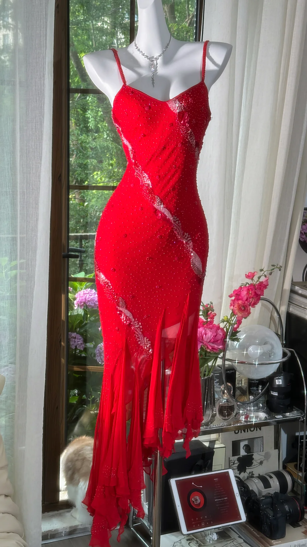 Red Sexy Pretty Flowy Beaded Ruffle Chiffon Prom Dress Date Dress Evening Dress DP2951
