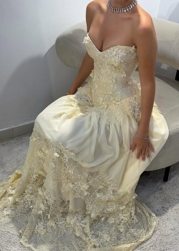 Yellow A Line Sweetheart Neck Lace Chiffon Prom Dress 16th Birthday Dress DP3713