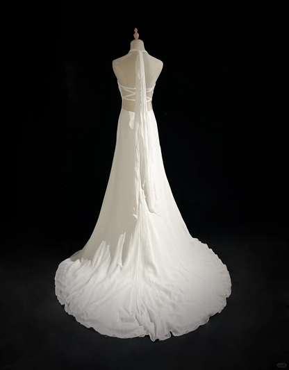 Vintage Gentle A Line Halter Beaded White Chiffon Long Prom Dress Party Dress DP2766
