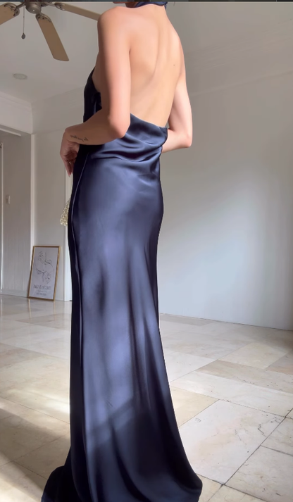 Simple Sheath Halter Navy Blue Satin Open Back Graduation Prom Dress DP4875