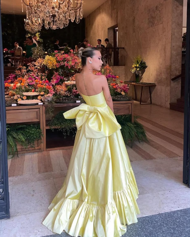 Cute A Line Strapless Yellow Satin Prom Dress Evening Dress with Bow DP1616