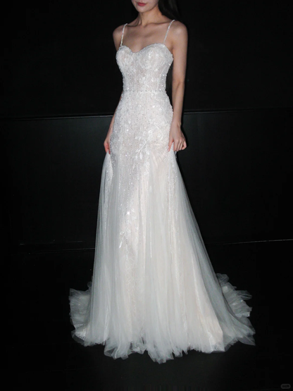 Fairy A Line Spaghetti Strap White Beaded Sequin Tulle Long Wedding Dress DP8113