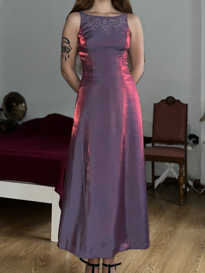 Vintage A Line Exquisite Beaded Purple Satin Prom Dress Evening Dress Date Dress DP5707