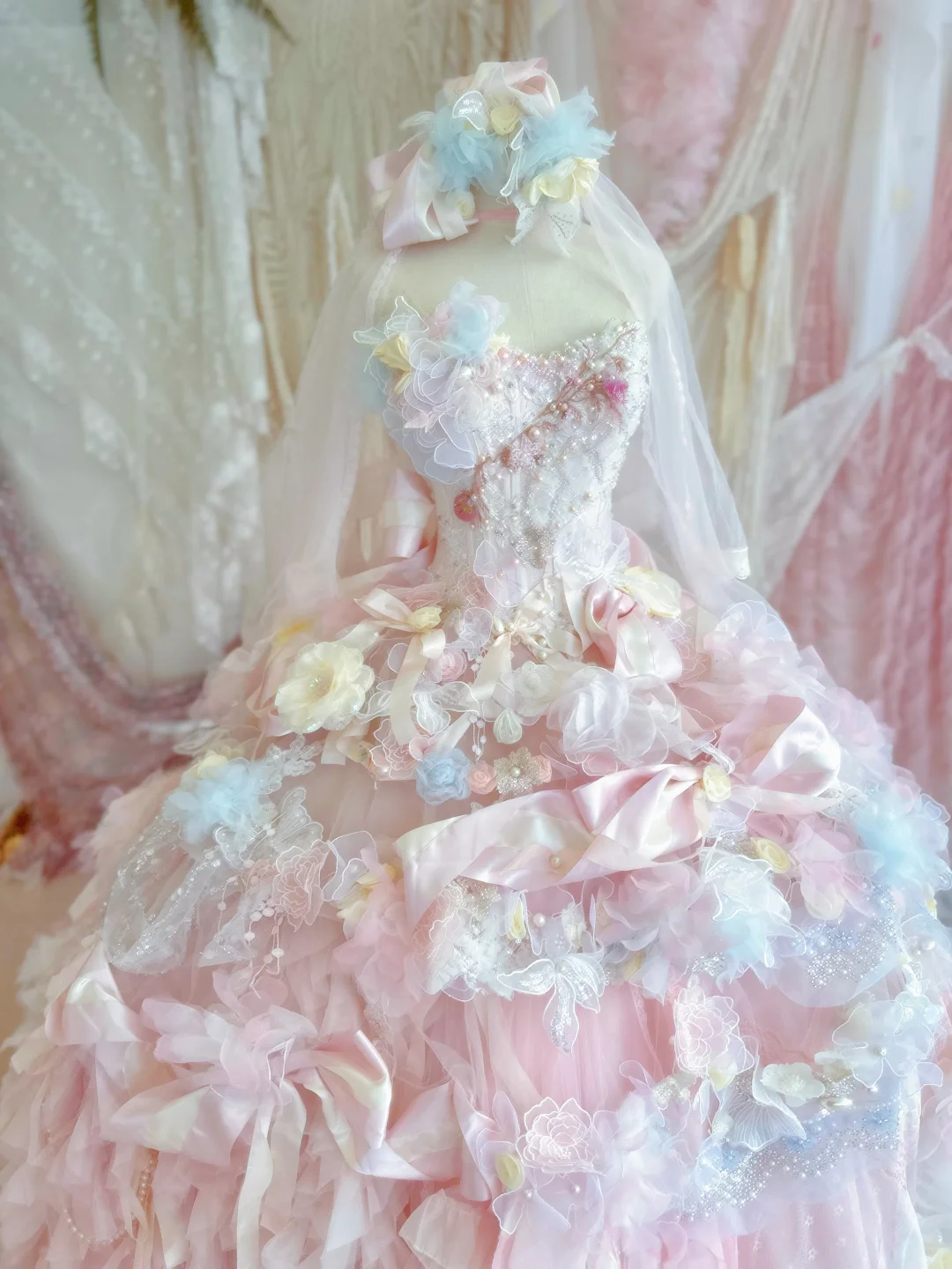 Pink Ball Gown Sweetheart Neck Beaded Floral Tulle Prom Dress 18th Birthday Dress DP4380