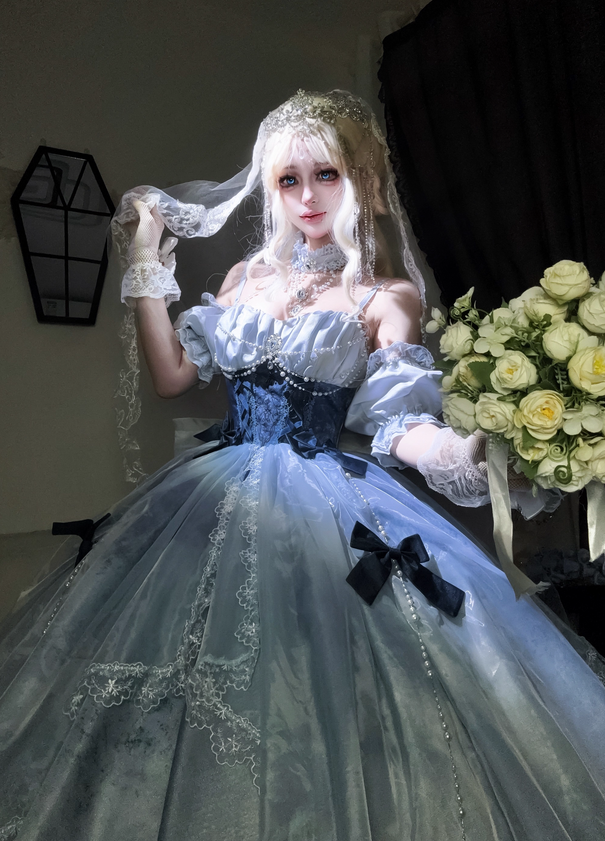 Stunning Blue Bow A Line Lace Tulle Lolita Goth Boning Dress Prom Dress DP4505