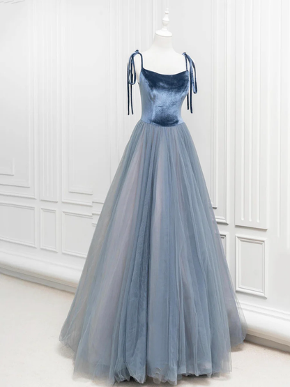 Simple Velvet Tulle Long Prom Dress Gray Blue Evening Party Dress DP256