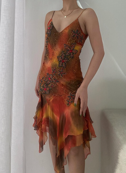 Vintage A Line Spaghetti Straps Beaded Ruffle Chiffon Short Evening Dress DP1519