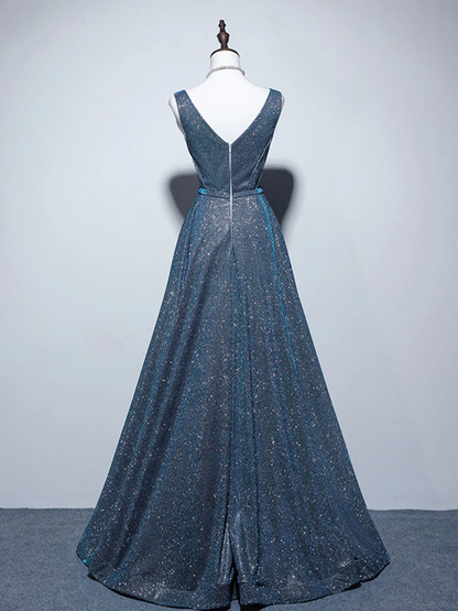 Sparkly V Neck Satin Blue Long Prom Dress Evening Dress DP073