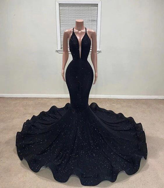 Sparkly Black Deep V-Neck Mermaid Prom Dress DP326