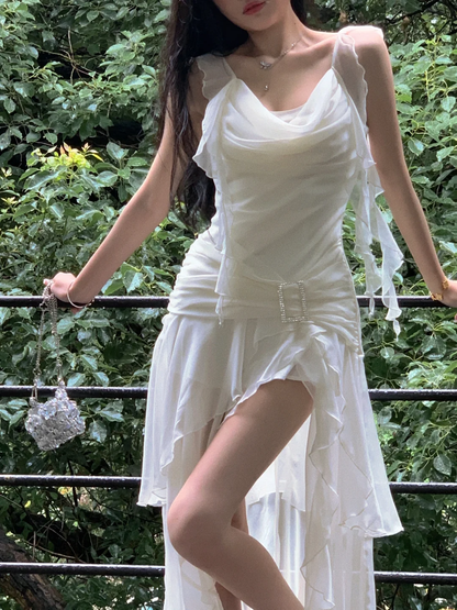 Flowy Ivory Ruffle Chiffon A Line Straps Prom Dress Evening Dress DP5766