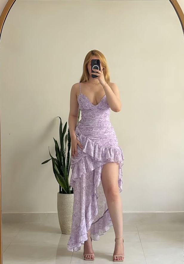 Sweety Purple Print Floral A Line Spaghetti Straps Chiffon Prom Dress Evening Dress with Slit DP6148