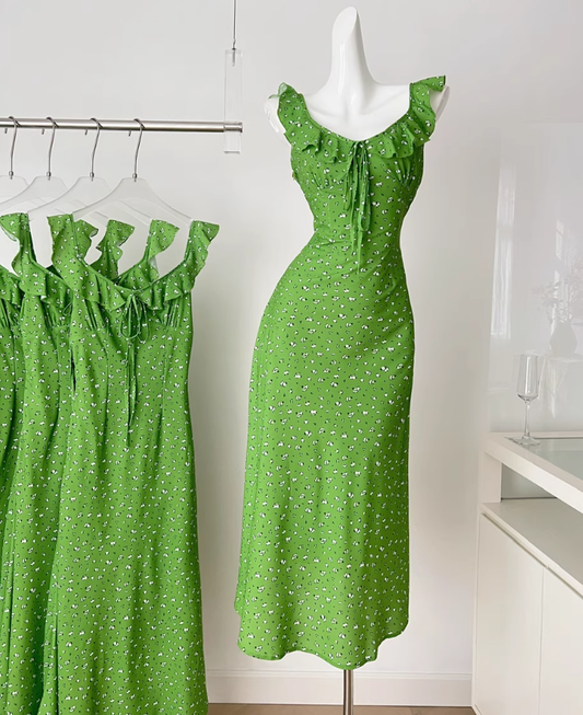 Stunning Green A Line Straps Chiffon Vacation Dress Summer Dress Outfits DP3557