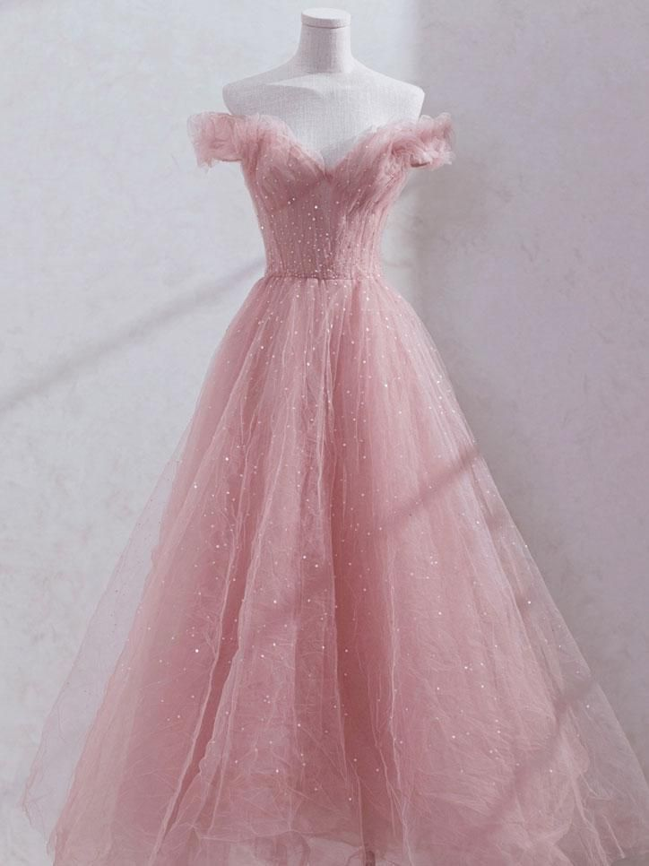 Pink Off Shoulder Tulle Sequins Prom Dress Elegant Evening Dress DP437