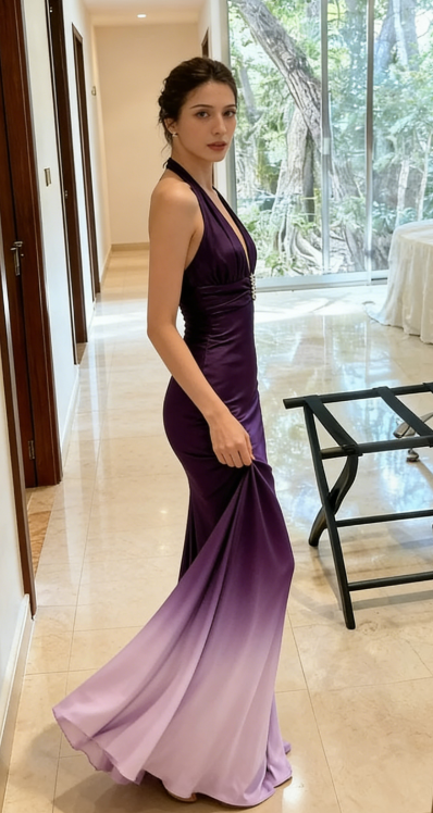 Vintage Purple Ombre Sheath V Neck Satin Open Back Long Prom Dress Graduation Prom Dress DP4871