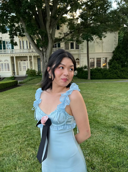 Cute A Line Spaghetti Straps Flower Bow Blue Satin Long Prom Dress Graduation Prom DP2245