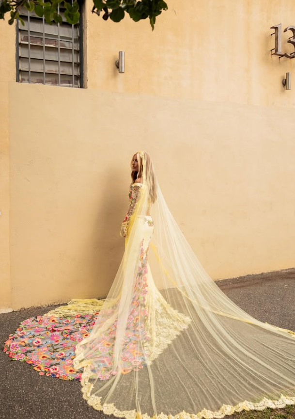 Floral Exquisite Two Piece Mermaid Long Sleeve Yellow Lace Tulle Prom Dress Wedding Dress DP3388