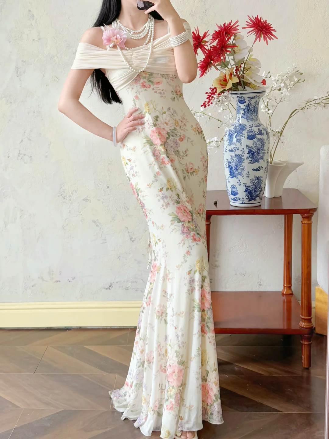 Gentle Print Floral Mermaid Off the Shoulder Ivory Chiffon Prom Dress Evening Dress DP6457