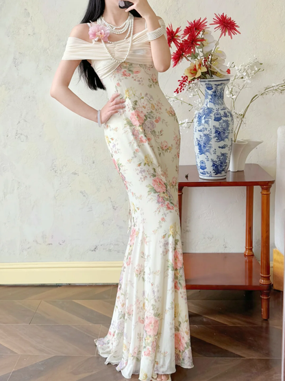 Gentle Print Floral Mermaid Off the Shoulder Ivory Chiffon Prom Dress Evening Dress DP6457