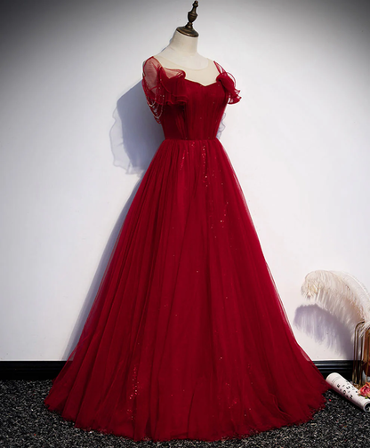 Burgundy Tulle Round Neck Long Prom Dress Evening Dress DP459