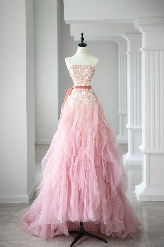 Pink Strapless Irregular Tulle Long Prom Dress Evening Dress DP597