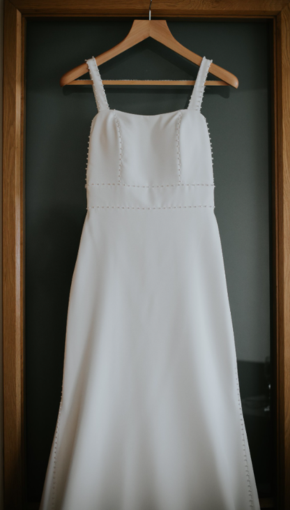 Simple Mermaid Spaghetti Strap Pearl Satin Long Sweep Wedding Dress DP1878