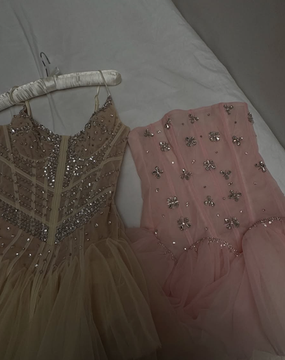 Apricot A Line Spaghetti Strap Rhinestone Corset Tulle Short Prom Dress Homecoming Dress DP7964