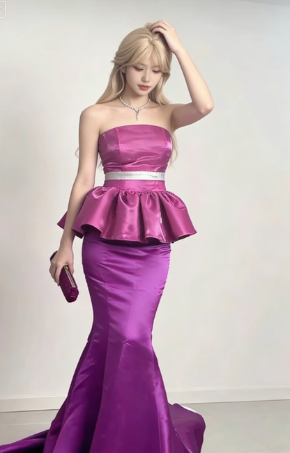 Barbie Pink Mermaid Strapless Satin Long Prom Dress Evening Dress DP3191