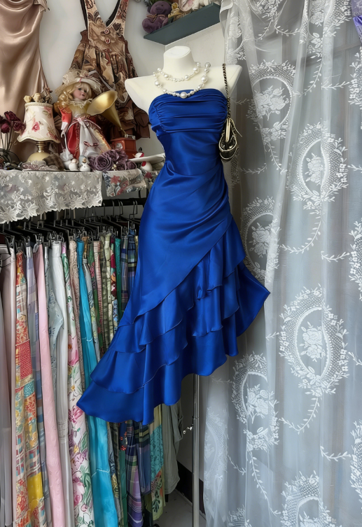 Vintage Mermaid Strapless Champagne Layered Satin Outfits Dress DP4855
